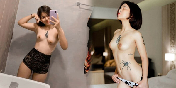 ภาพโป๊ทางบ้าน สาวทางบ้านแก้ผ้าโชว์นมในห้องน้ำ ลายบนตัวโคตรเซ็กซี่เลย